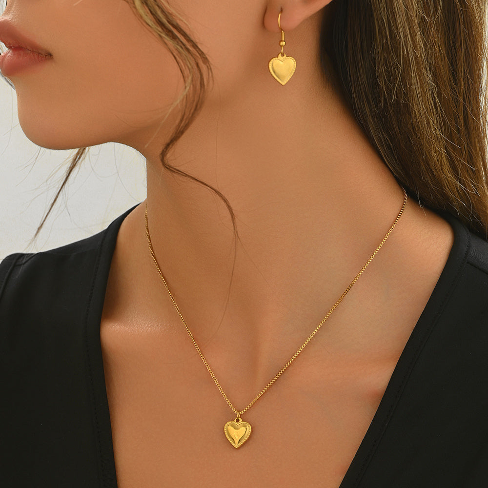 18K Gold Plated Stainless Steel Puffy Heart Pendant Necklace And Earrings Set For Women