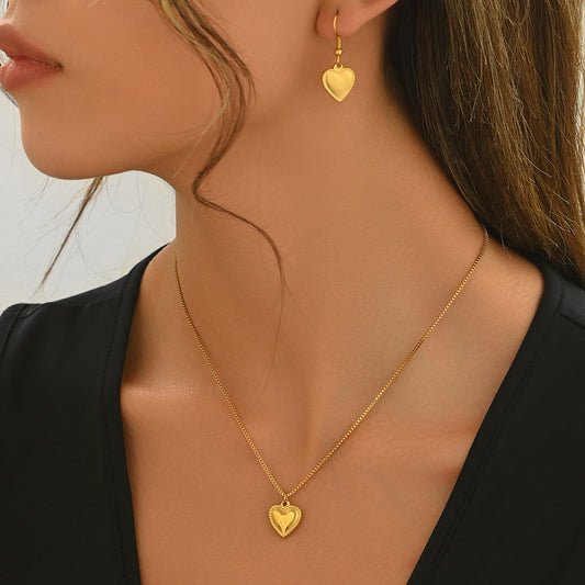 18K Gold Plated Stainless Steel Puffy Heart Pendant Necklace And Earrings Set For Women