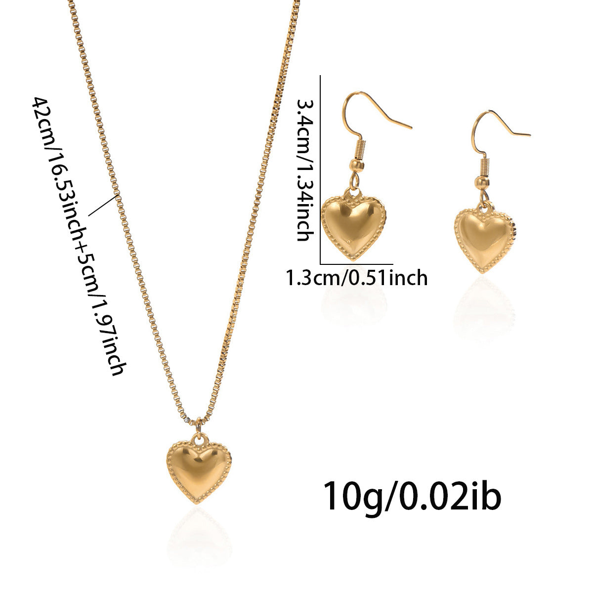 18K Gold Plated Stainless Steel Puffy Heart Pendant Necklace And Earrings Set For Women