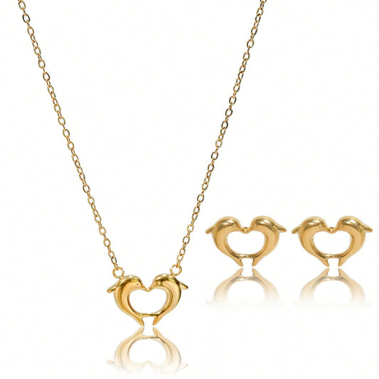 18K Gold Plated Stainless Steel Dolphin Heart Necklace & Earrings Set