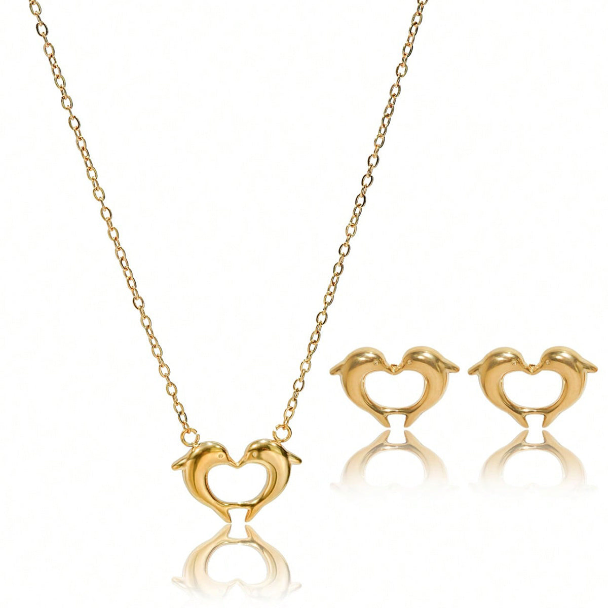 18K Gold Plated Stainless Steel Dolphin Heart Necklace & Earrings Set