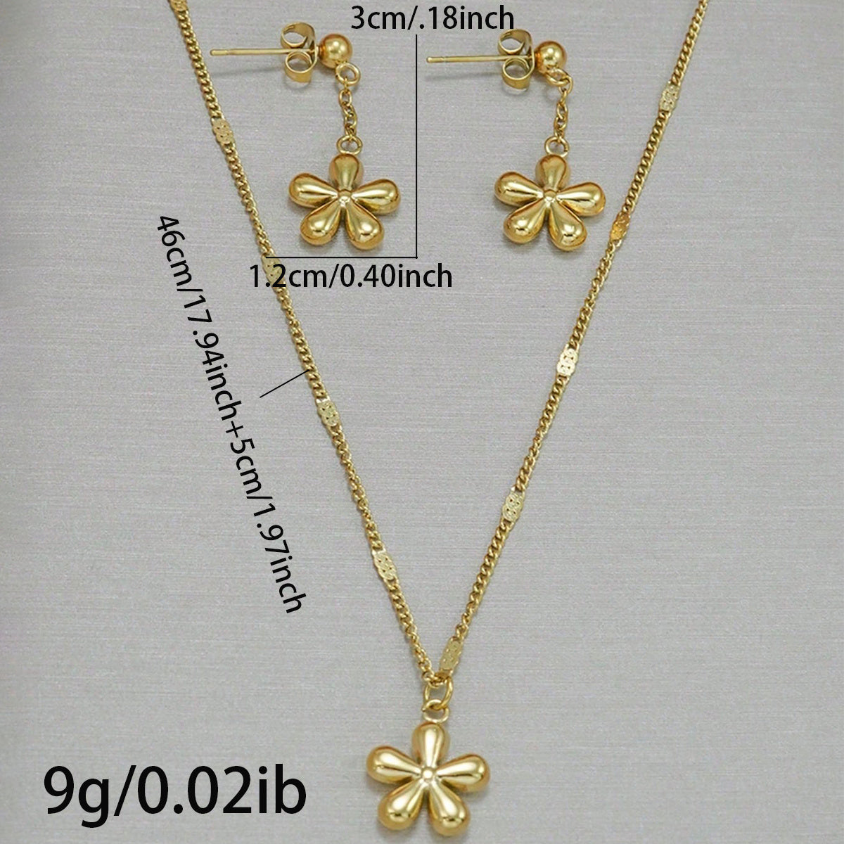 18K Gold Plated Stainless Steel Dainty Flower Pendant Necklace And Earrings Set For Women