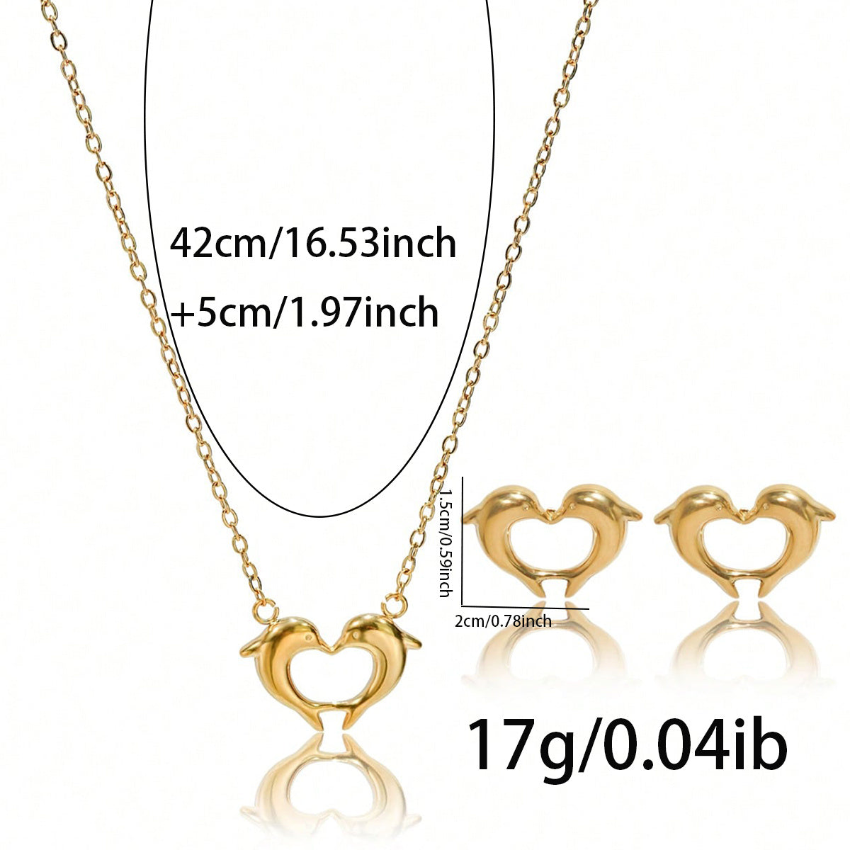 18K Gold Plated Stainless Steel Dolphin Heart Necklace & Earrings Set