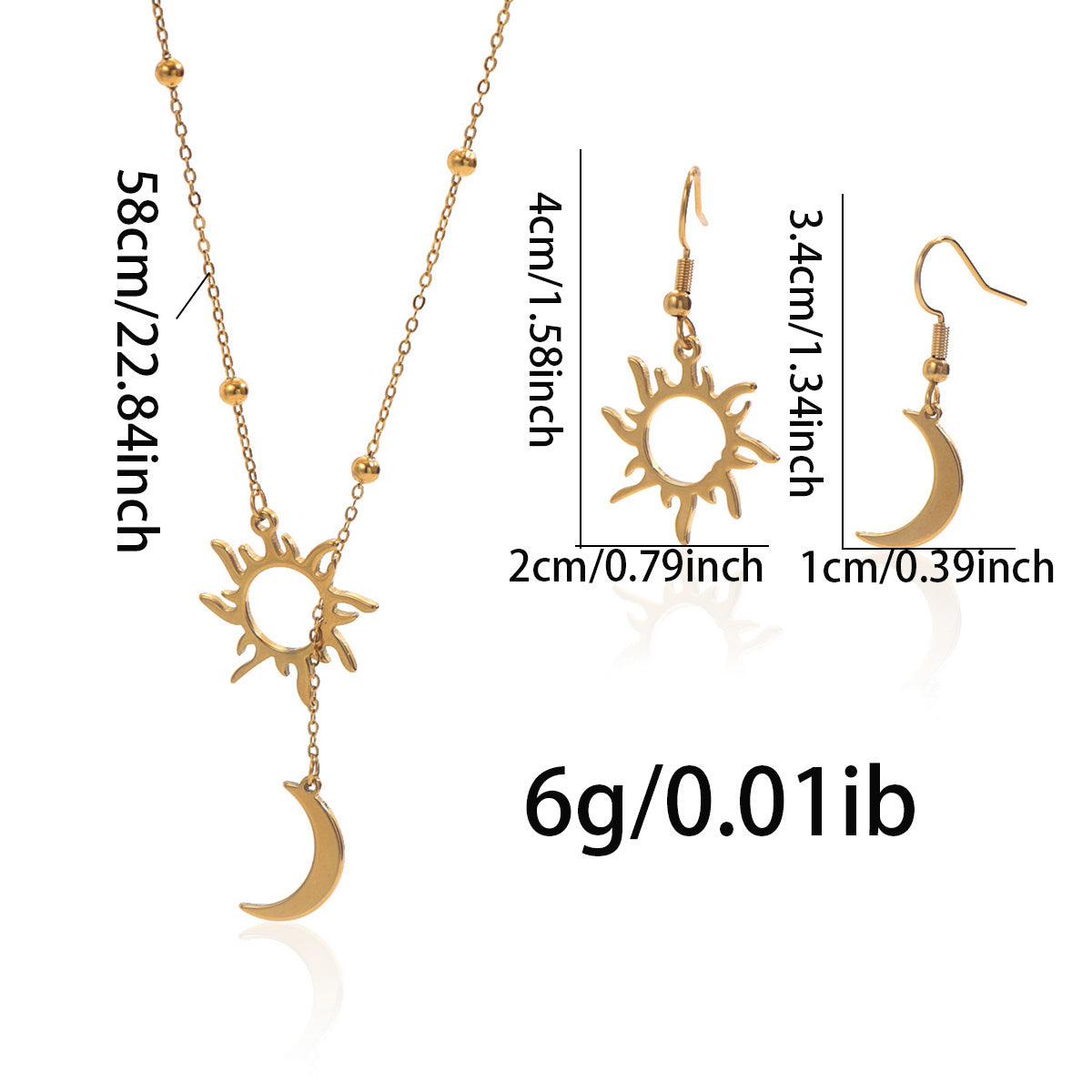 18K Gold Steel Sun And Moon Pendant Necklace And Hoop Earrings Set