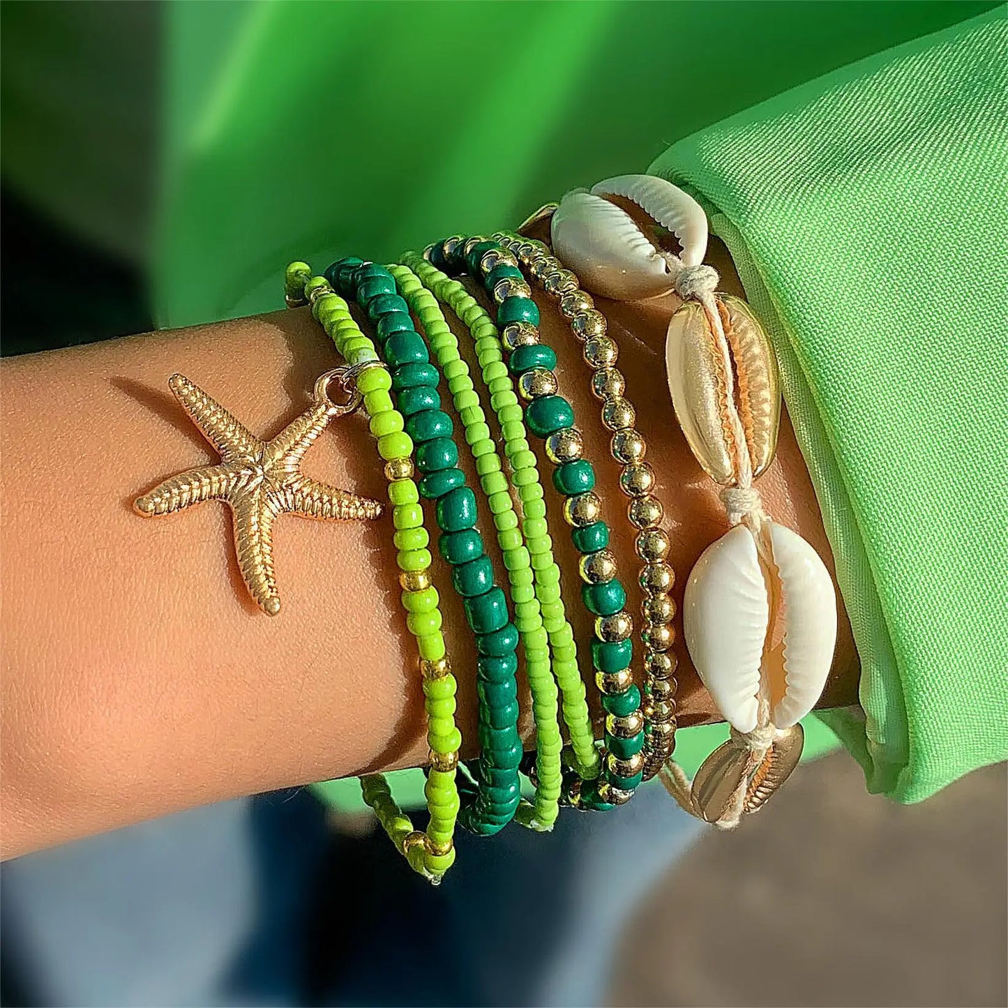 7Pcs Summer Starfish Bracelet Set For Women Bohemian Shell Rice Beads Elastic Chain Bangle Boho Beach Jewelry Accessories