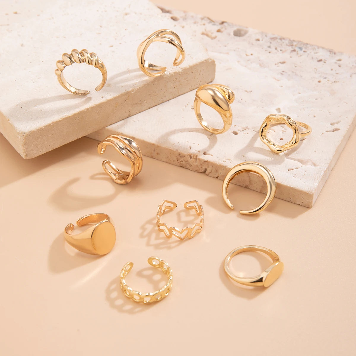 Lacteo Trendy Geometric Cuff Rings Set for Women Metal Adjustable On The Finger Ring Ladies Fashion Statement Jewelry Party New