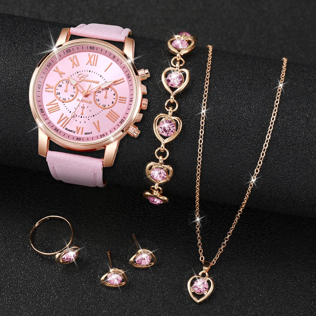 5PCS/Set Fashion Women Watch Rhinestone Heart Jewelry Set Geneva Watch Casual Leather Band Quartz Wristwatch(Without Box)