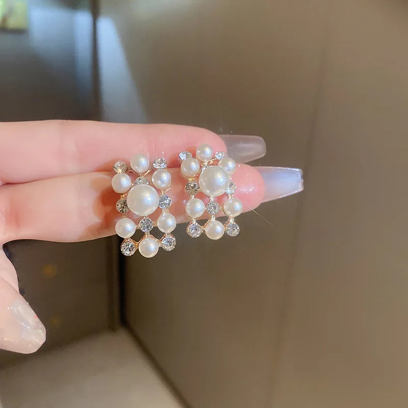 3 Pcs Rhinestone Pearl Rectangular Earrings Necklace Set Two-piece Vintage Choker Accessory Light Luxury Jewelry Sets Wedding
