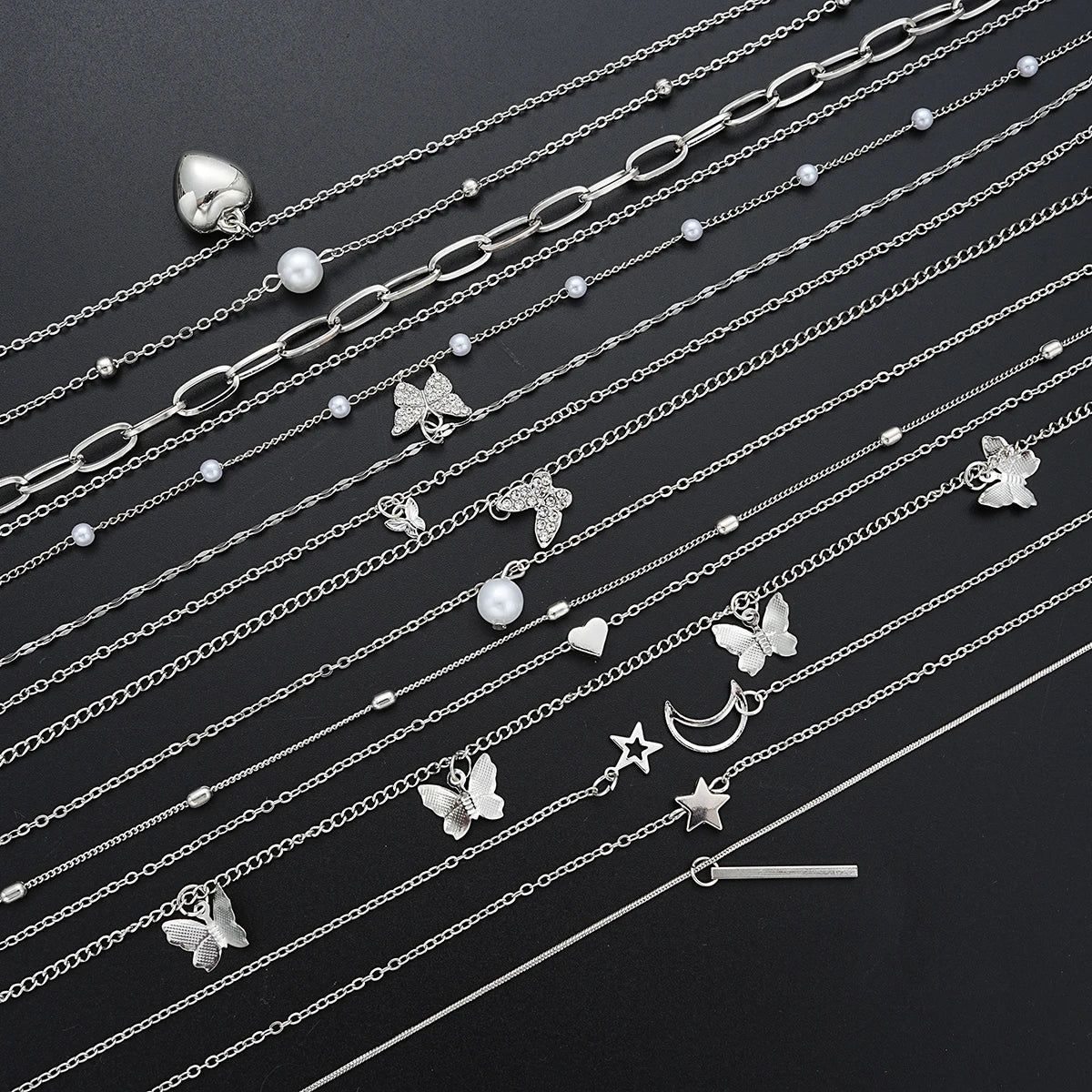 13Pcs/Set Simple Temperament Necklace Set Butterfly Pearl Heart Star Zircon Silver Color Necklace for Women Fashion Jewelry Gift