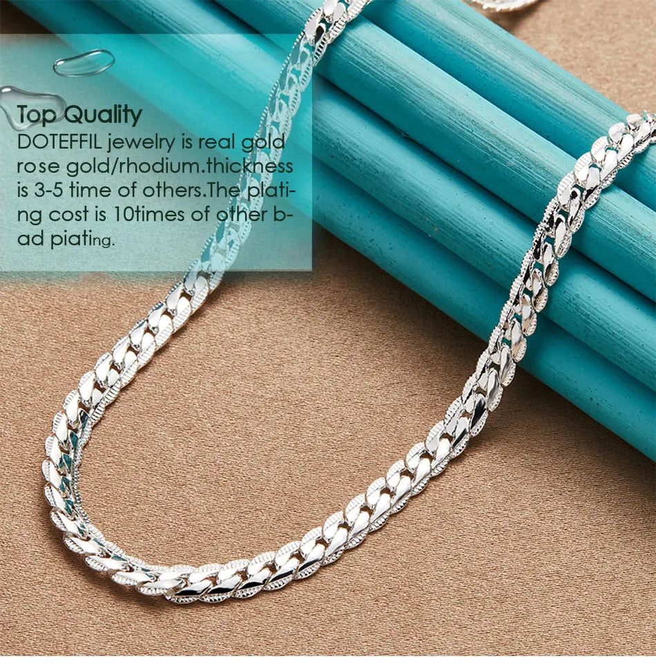 DOTEFFIL 925 Sterling Silver 6mm Side Chain 16/18/20/22/24 Inch Necklace For Woman Men Fashion Wedding Engagement Jewelry Gift