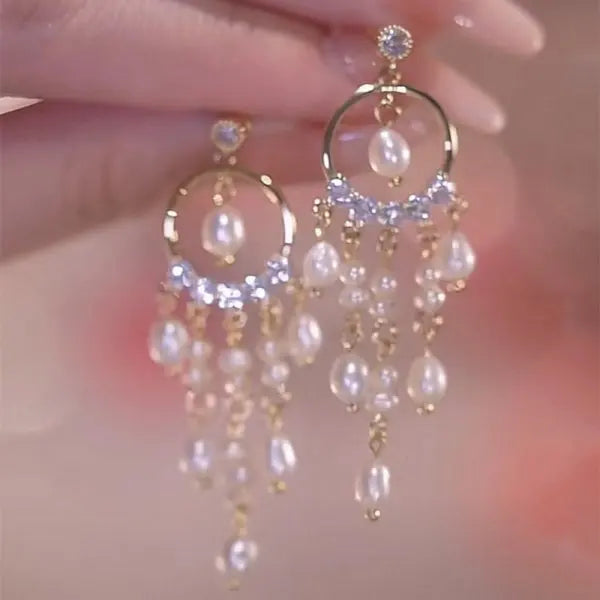 Korean Exquisite Imitation Pearl Tassel Drop Earring For Women Shiny Zircon Flower Leaf Long Ear Line Geometric Earring Jewelry