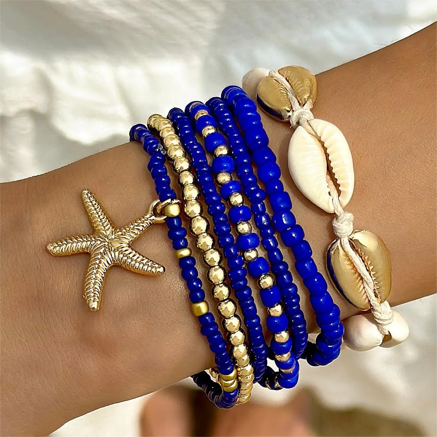 7Pcs Summer Starfish Bracelet Set For Women Bohemian Shell Rice Beads Elastic Chain Bangle Boho Beach Jewelry Accessories