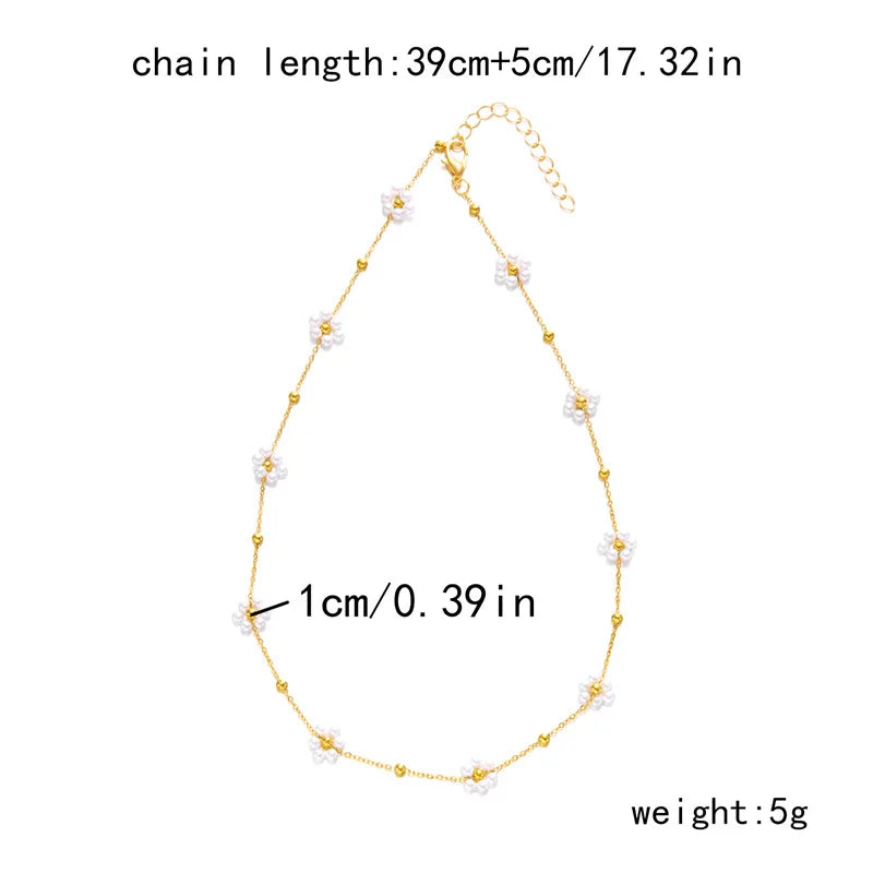Sweet Imitation Pearl Flower Bracelet Jewelry Set for Women's Hand Neck Fashion Metal Chain Necklace Boho Accessories Gifts