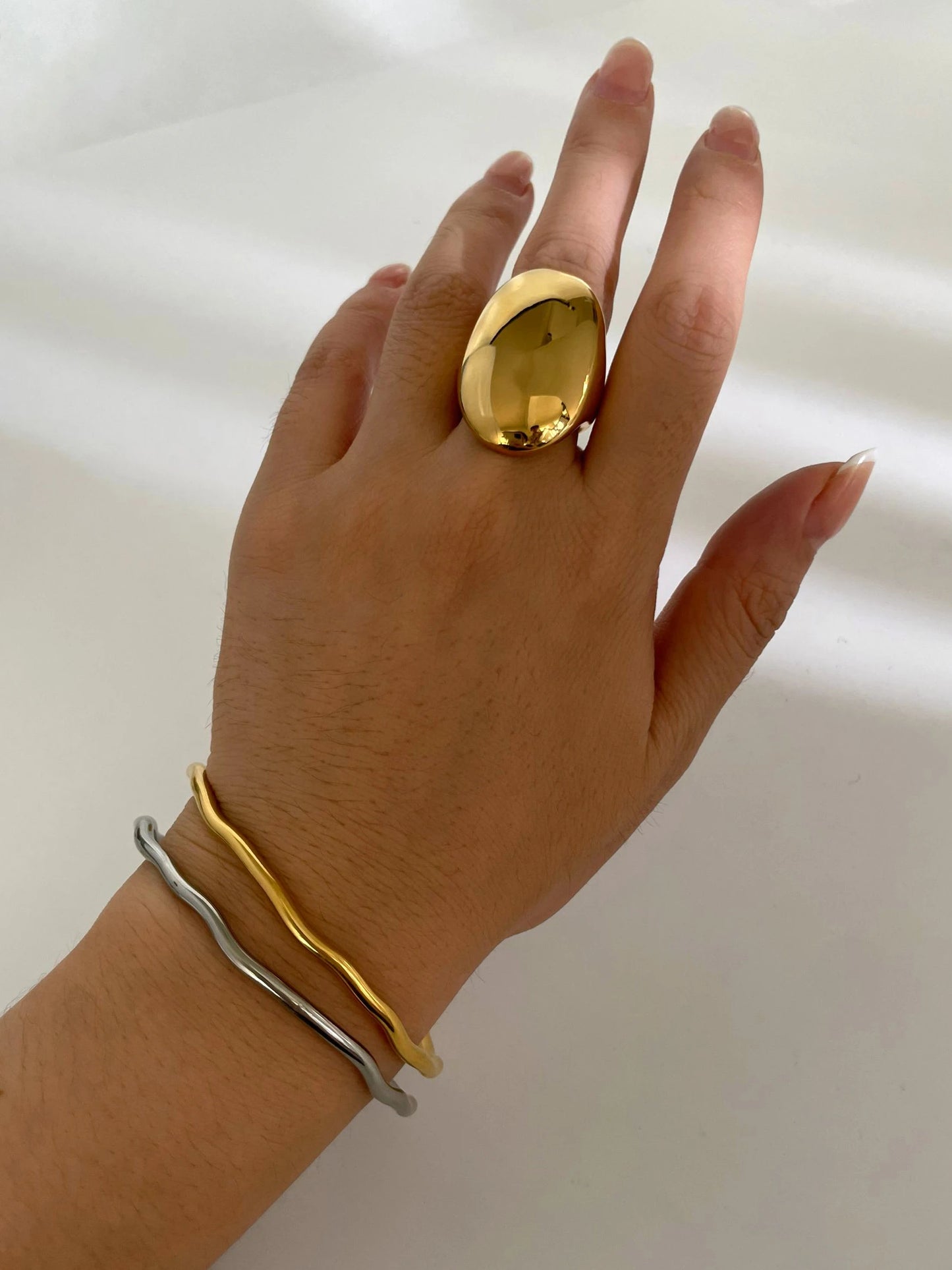 Peri'sbox High Polished Stainless Steel Solid Gold Plated Chunky Dome Full Finger Rings for Women Men Gothic Minimalist Jewelry
