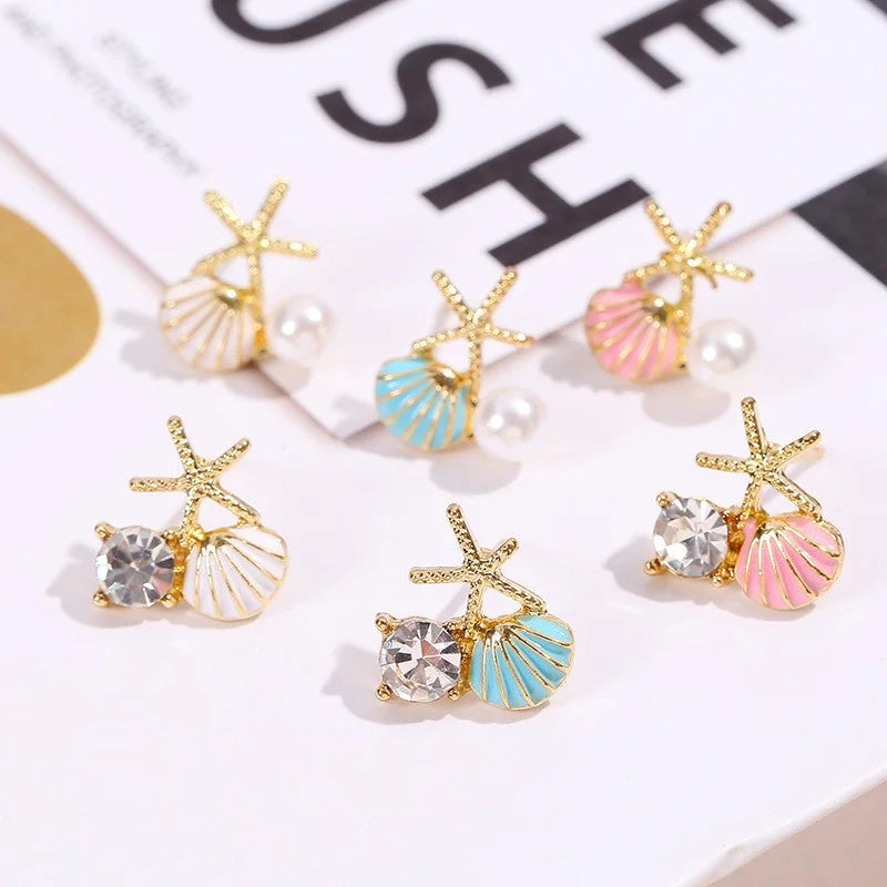 Fashion Asymmetric Ocean Style Earrings Stud For Women Starfish Shell Earring Ear Ring Imitation Pearl Zircon Jewelry Gift
