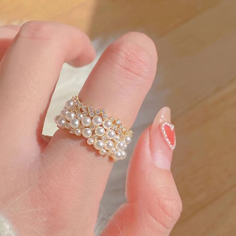 2025 New Zircon Inlaid Pearl Opening Rings Fashion Jewelry For Young Girls Wedding Party Luxury Accessories For Women‘s Rings