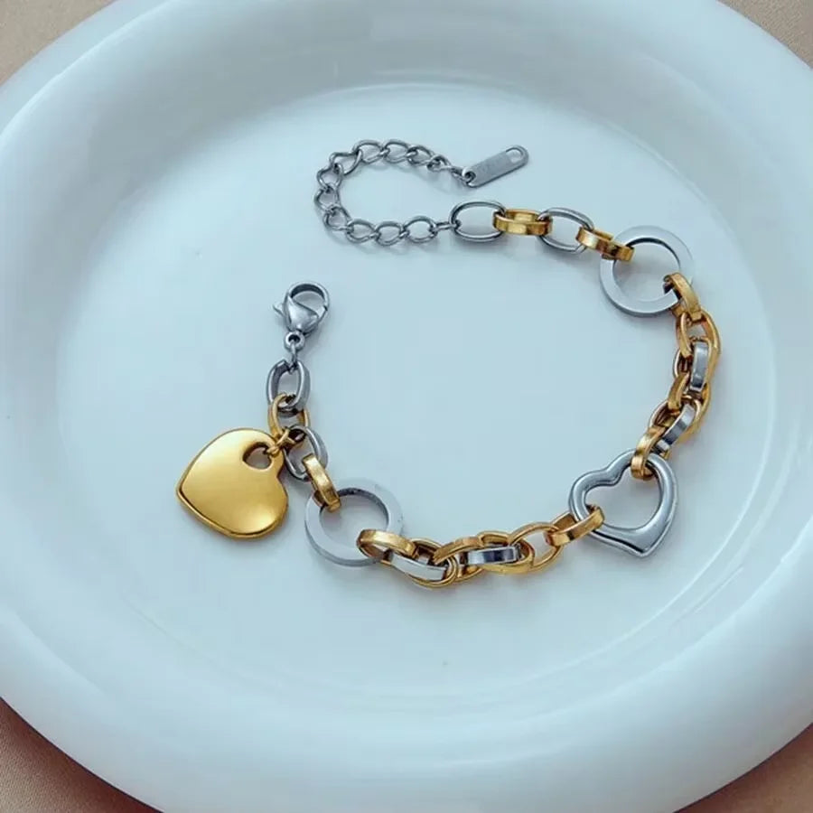 Doubel Layers Heart CHarm Bracelet Hollow Heart Round Double Color Bracelet Stylish Personality Simple Metal Braclet For Women