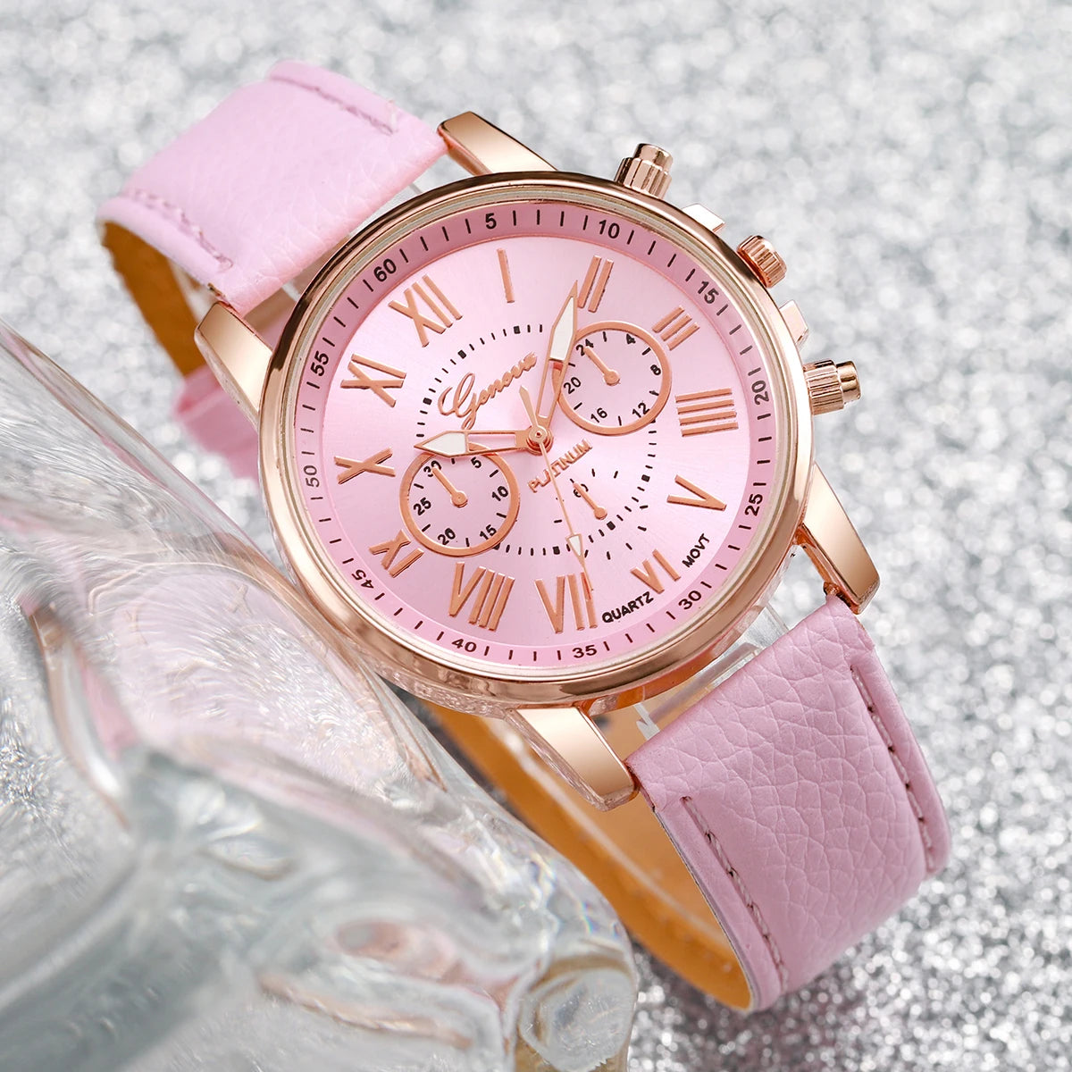 5PCS/Set Fashion Women Watch Rhinestone Heart Jewelry Set Geneva Watch Casual Leather Band Quartz Wristwatch(Without Box)