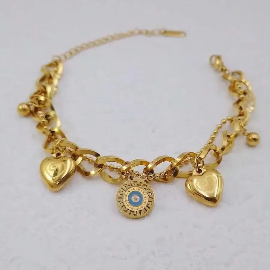 Doubel Layers Heart CHarm Bracelet Hollow Heart Round Double Color Bracelet Stylish Personality Simple Metal Braclet For Women