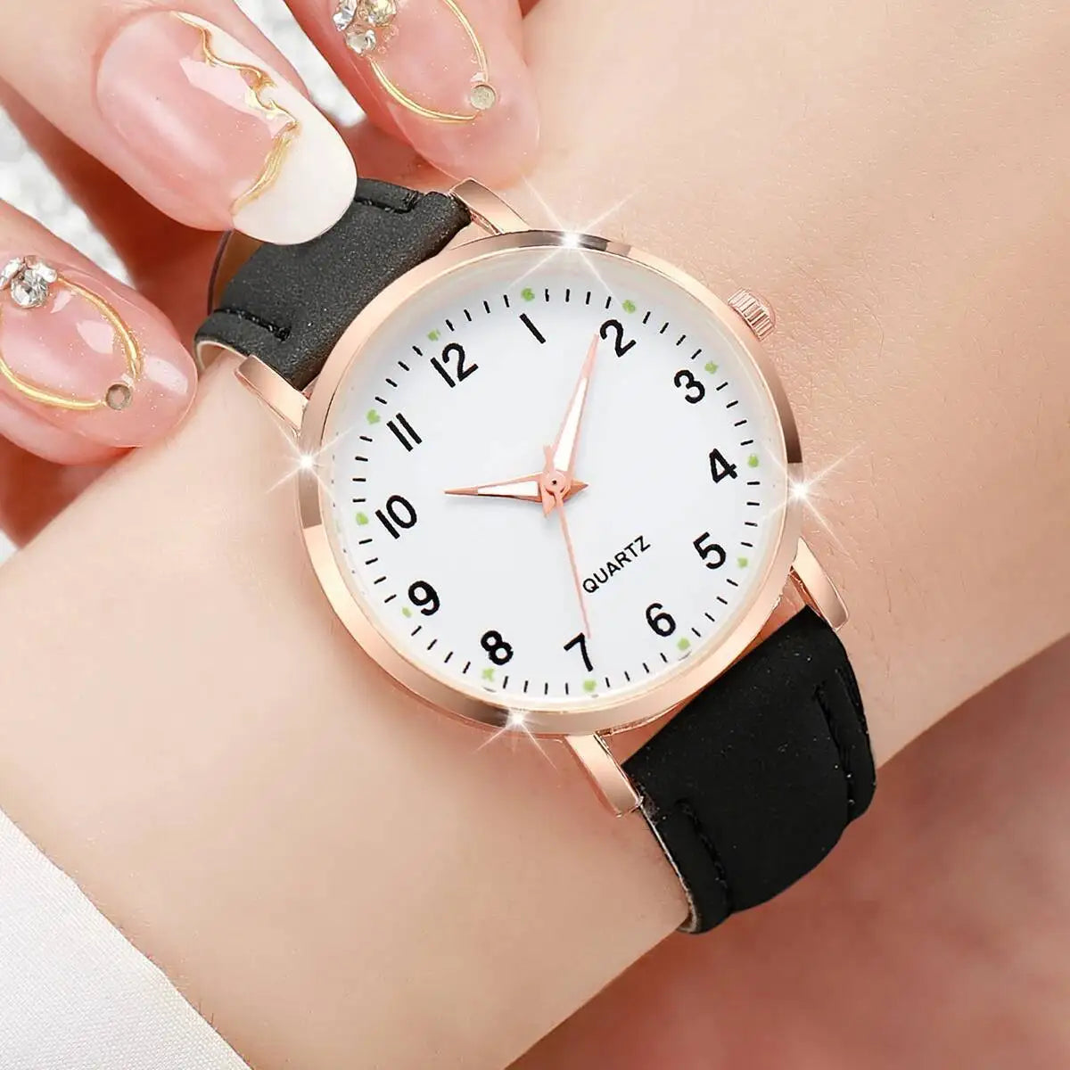 1/3/4/5PCS Fashion Arabic Dial Women Quartz Watch Casual Leather Strap Wristwatch for Girls Clock Gift(Without Box)