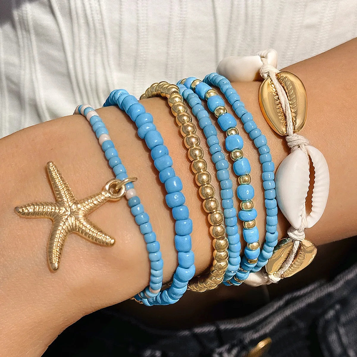 7Pcs Summer Starfish Bracelet Set For Women Bohemian Shell Rice Beads Elastic Chain Bangle Boho Beach Jewelry Accessories