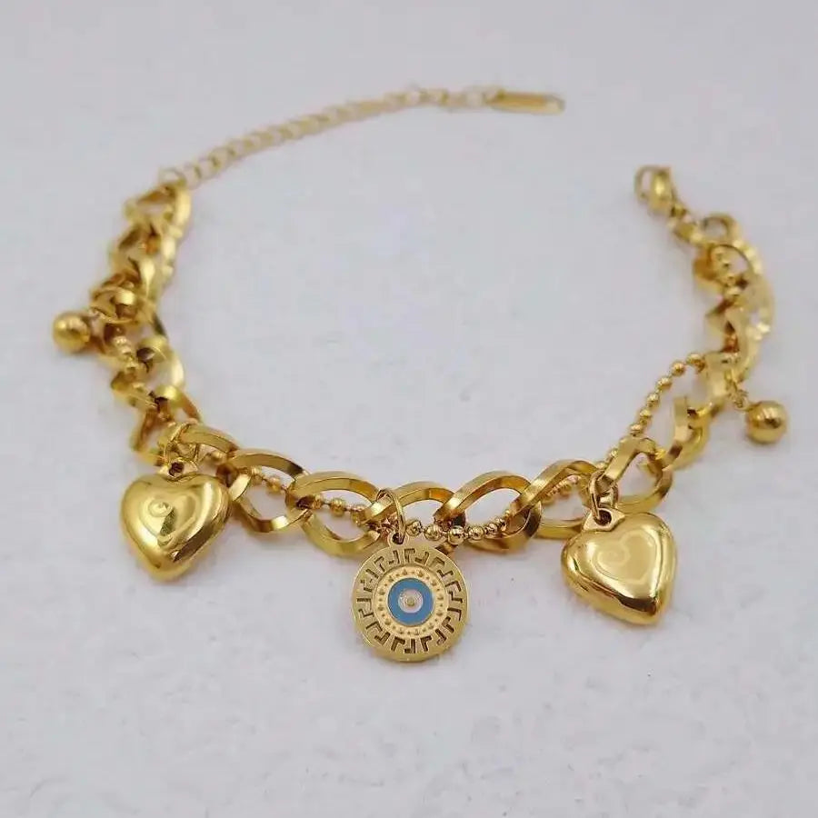 Doubel Layers Heart CHarm Bracelet Hollow Heart Round Double Color Bracelet Stylish Personality Simple Metal Braclet For Women