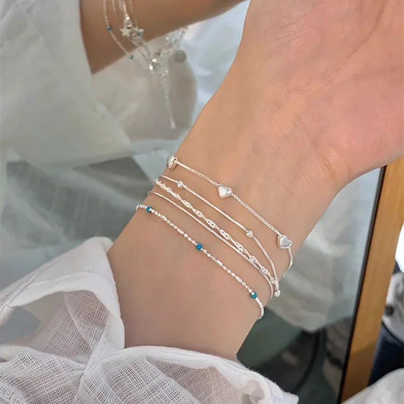 VENTFILLE 925 Sterling Silver Line Extremely fine Bracelet for Women Love Haert Bead Korean Ins Sweet Jewelry Gift