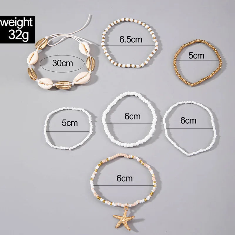 7Pcs Summer Starfish Bracelet Set For Women Bohemian Shell Rice Beads Elastic Chain Bangle Boho Beach Jewelry Accessories