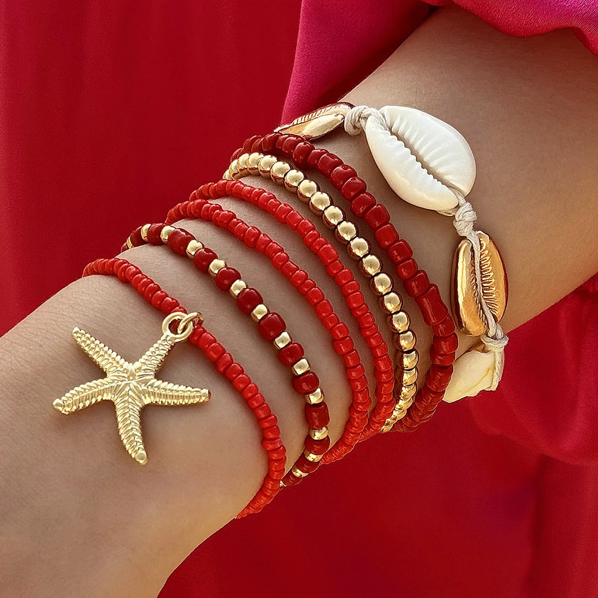 7Pcs Summer Starfish Bracelet Set For Women Bohemian Shell Rice Beads Elastic Chain Bangle Boho Beach Jewelry Accessories