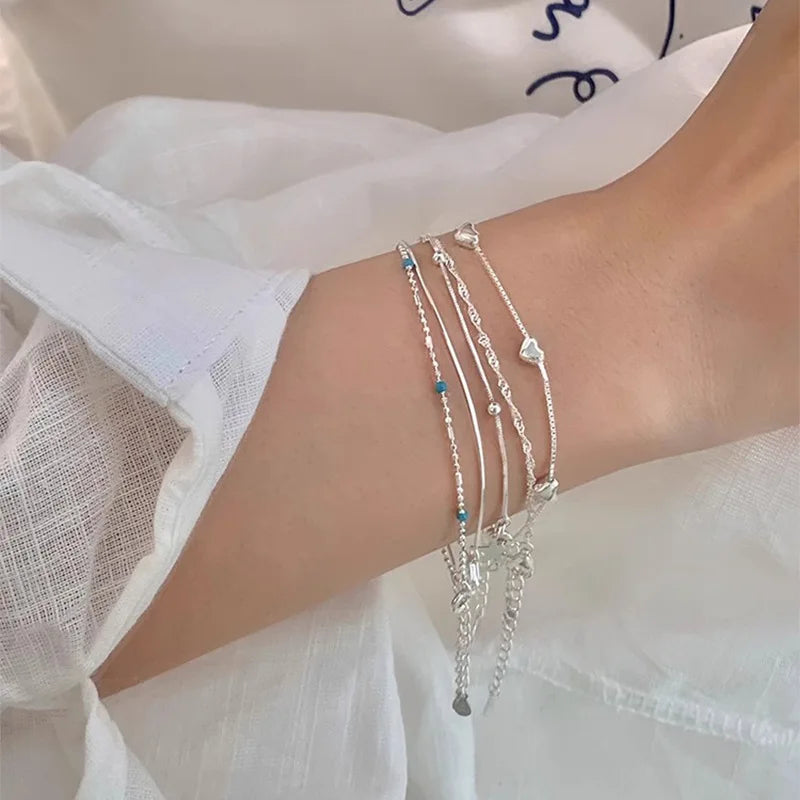 VENTFILLE 925 Sterling Silver Line Extremely fine Bracelet for Women Love Haert Bead Korean Ins Sweet Jewelry Gift