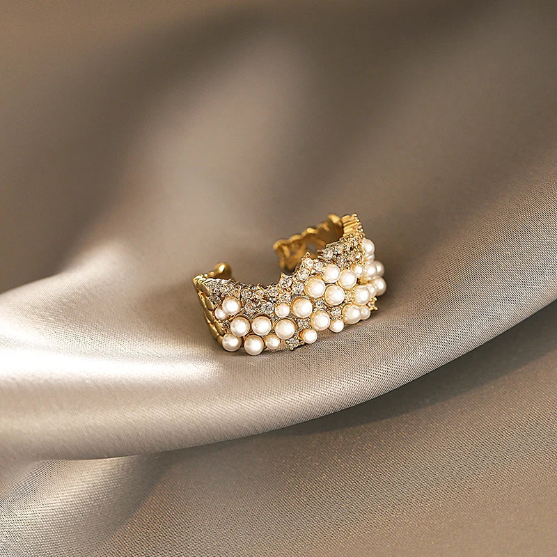 2025 New Zircon Inlaid Pearl Opening Rings Fashion Jewelry For Young Girls Wedding Party Luxury Accessories For Women‘s Rings