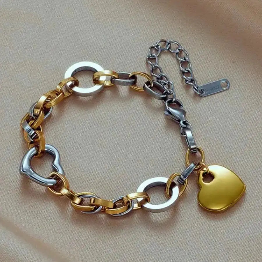 Doubel Layers Heart CHarm Bracelet Hollow Heart Round Double Color Bracelet Stylish Personality Simple Metal Braclet For Women