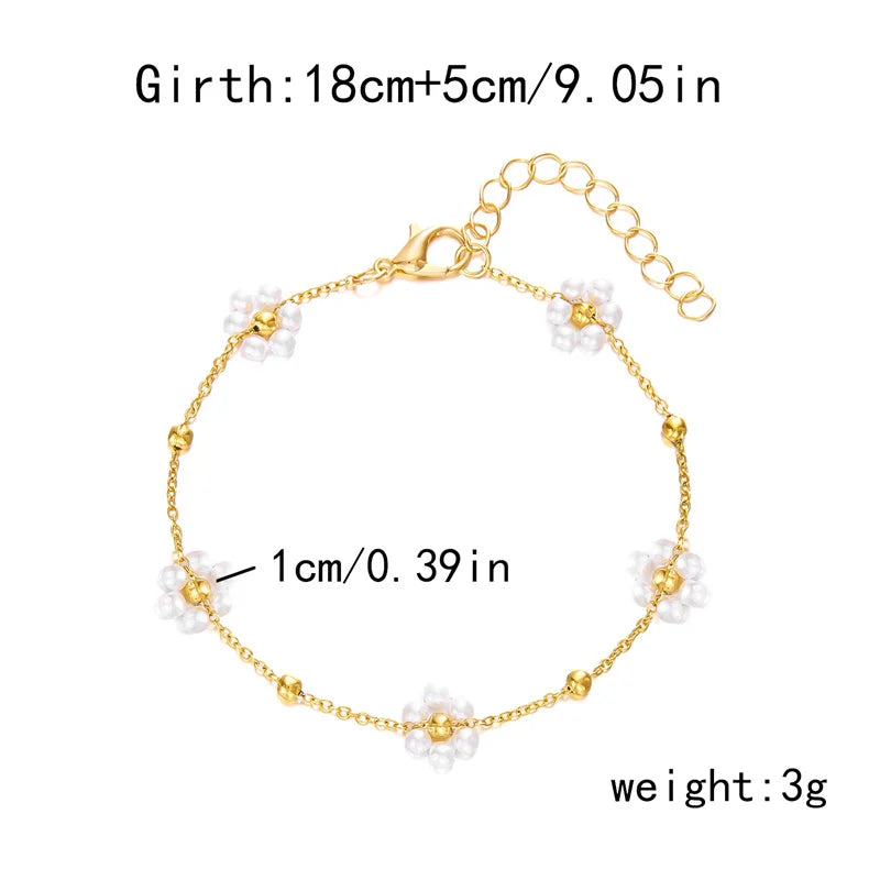 Sweet Imitation Pearl Flower Bracelet Jewelry Set for Women's Hand Neck Fashion Metal Chain Necklace Boho Accessories Gifts
