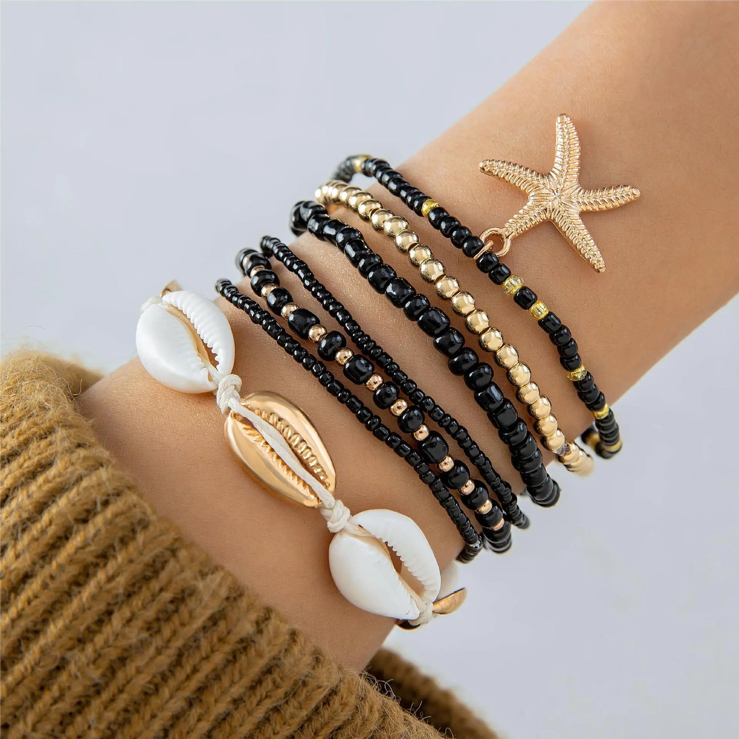 7Pcs Summer Starfish Bracelet Set For Women Bohemian Shell Rice Beads Elastic Chain Bangle Boho Beach Jewelry Accessories