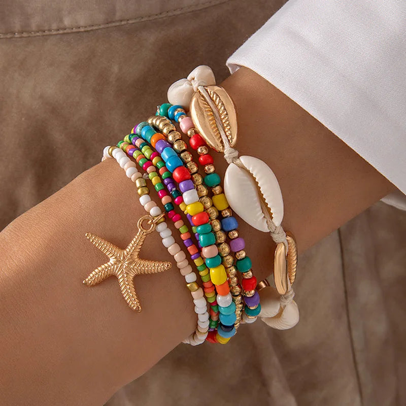 7Pcs Summer Starfish Bracelet Set For Women Bohemian Shell Rice Beads Elastic Chain Bangle Boho Beach Jewelry Accessories