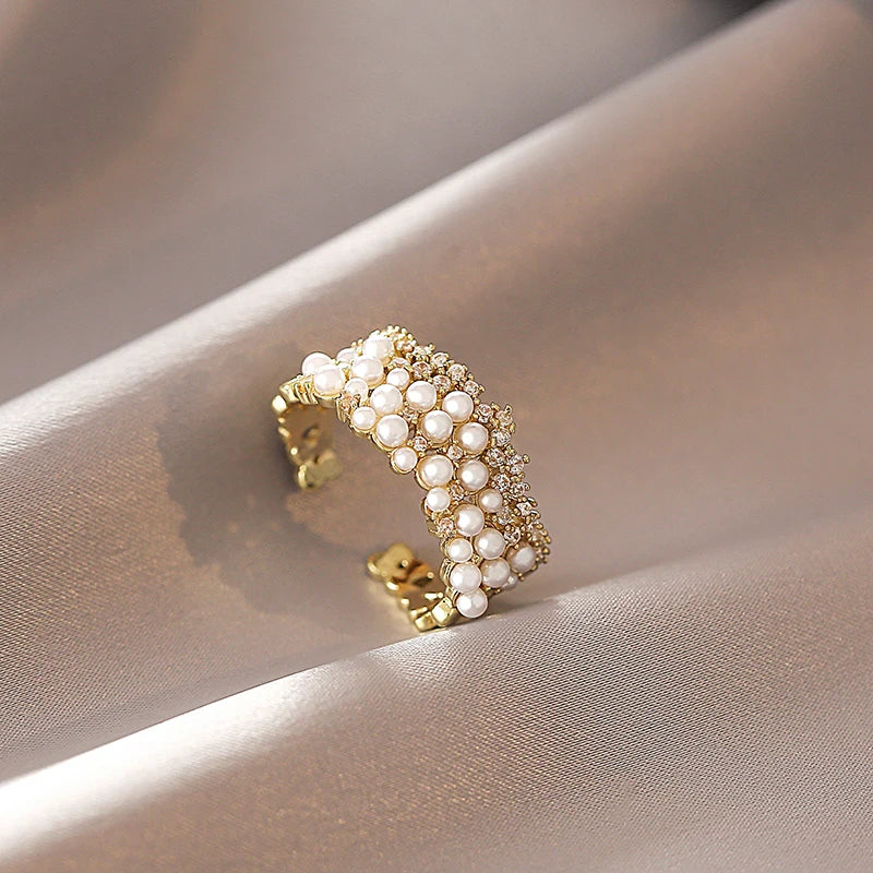 2025 New Zircon Inlaid Pearl Opening Rings Fashion Jewelry For Young Girls Wedding Party Luxury Accessories For Women‘s Rings