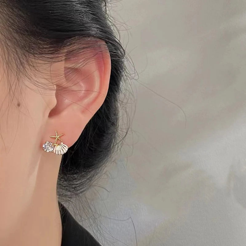 Fashion Asymmetric Ocean Style Earrings Stud For Women Starfish Shell Earring Ear Ring Imitation Pearl Zircon Jewelry Gift