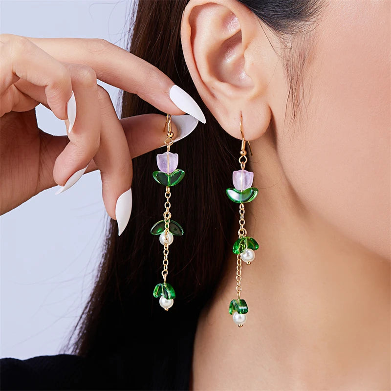 Korean Exquisite Imitation Pearl Tassel Drop Earring For Women Shiny Zircon Flower Leaf Long Ear Line Geometric Earring Jewelry
