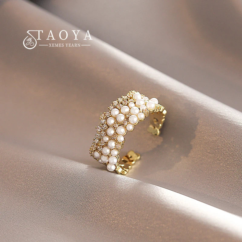 2025 New Zircon Inlaid Pearl Opening Rings Fashion Jewelry For Young Girls Wedding Party Luxury Accessories For Women‘s Rings