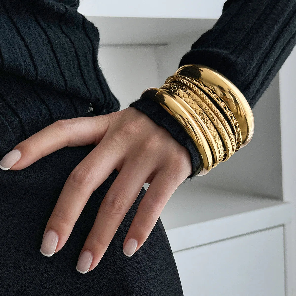 KMVEXO Stainless Steel Bracelets Set for Women Men Twist Texture Bangles Gold Silver Color Jewelry Statement Streetwear Goth