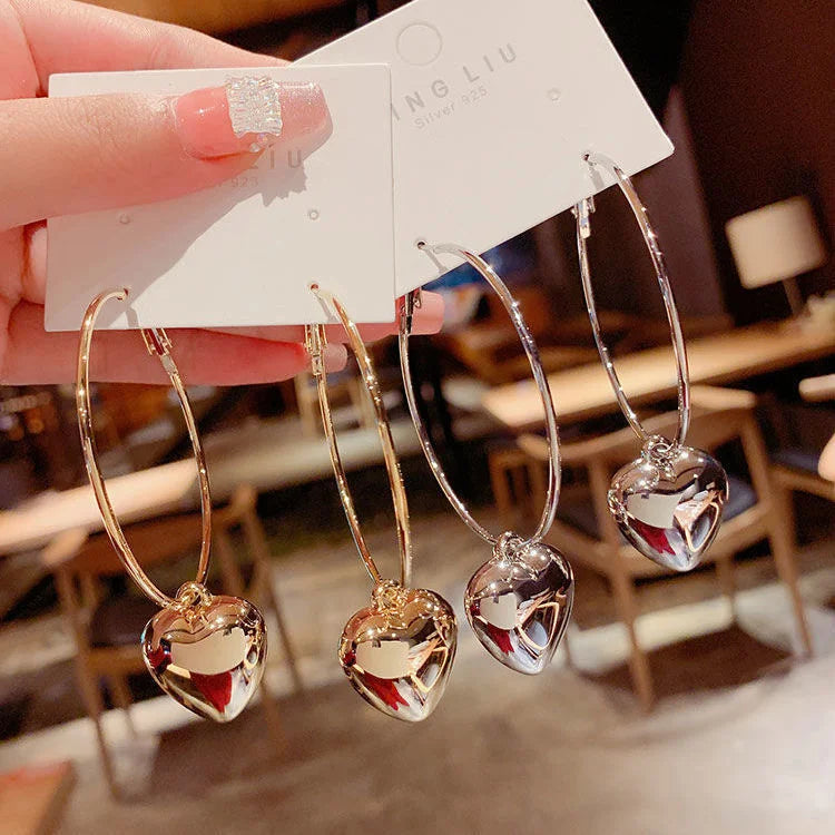 2024 New Heart Pendant Drop Earrings for Women Fashion Gold Color Design Exaggerate Big Circle Hoops Earring Korean Jewelry Gift