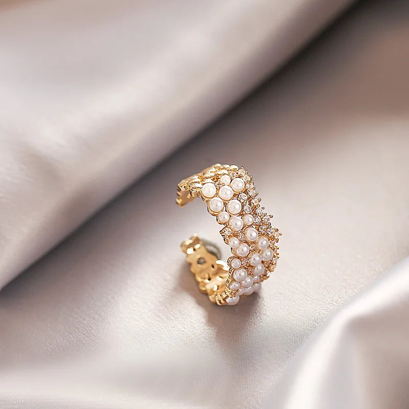 2025 New Zircon Inlaid Pearl Opening Rings Fashion Jewelry For Young Girls Wedding Party Luxury Accessories For Women‘s Rings