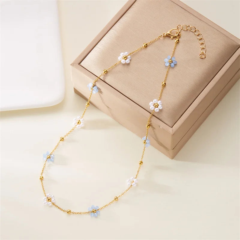Sweet Imitation Pearl Flower Bracelet Jewelry Set for Women's Hand Neck Fashion Metal Chain Necklace Boho Accessories Gifts