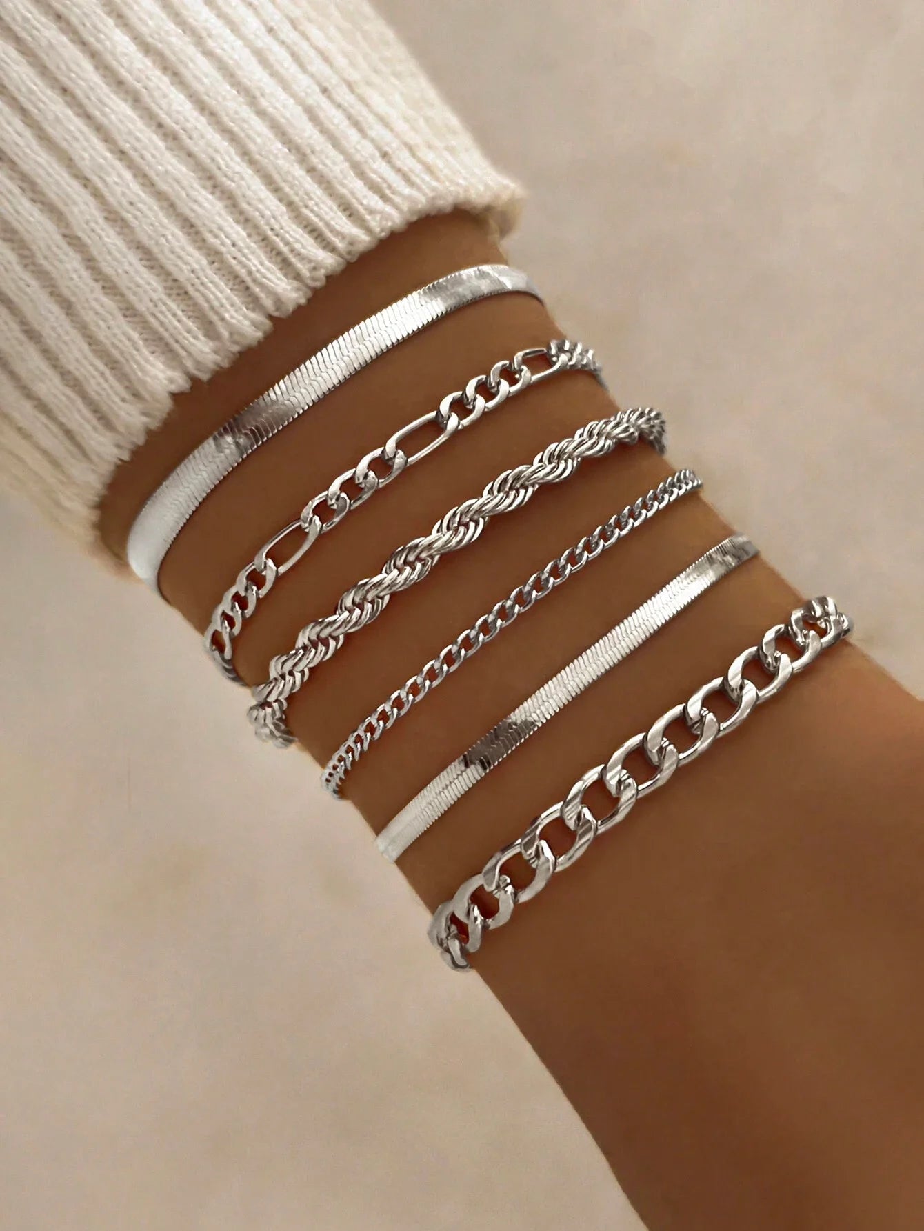 6pcs Punk Style Simple Cold Tone Chain Fashion Bracelet Set Suitable For Women's Daily Wear