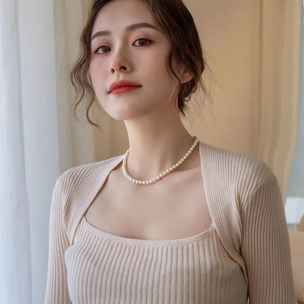 2025 Trend 4/6/8mm White Pearl Chokers Necklace Clavicle Chain For Women Classic Elegant Wedding Neck Jewelry Love Pendant Gift