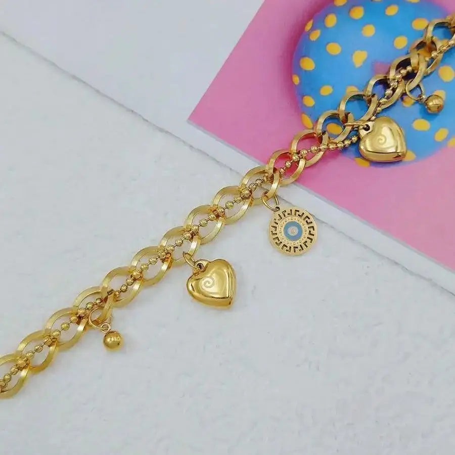 Doubel Layers Heart CHarm Bracelet Hollow Heart Round Double Color Bracelet Stylish Personality Simple Metal Braclet For Women