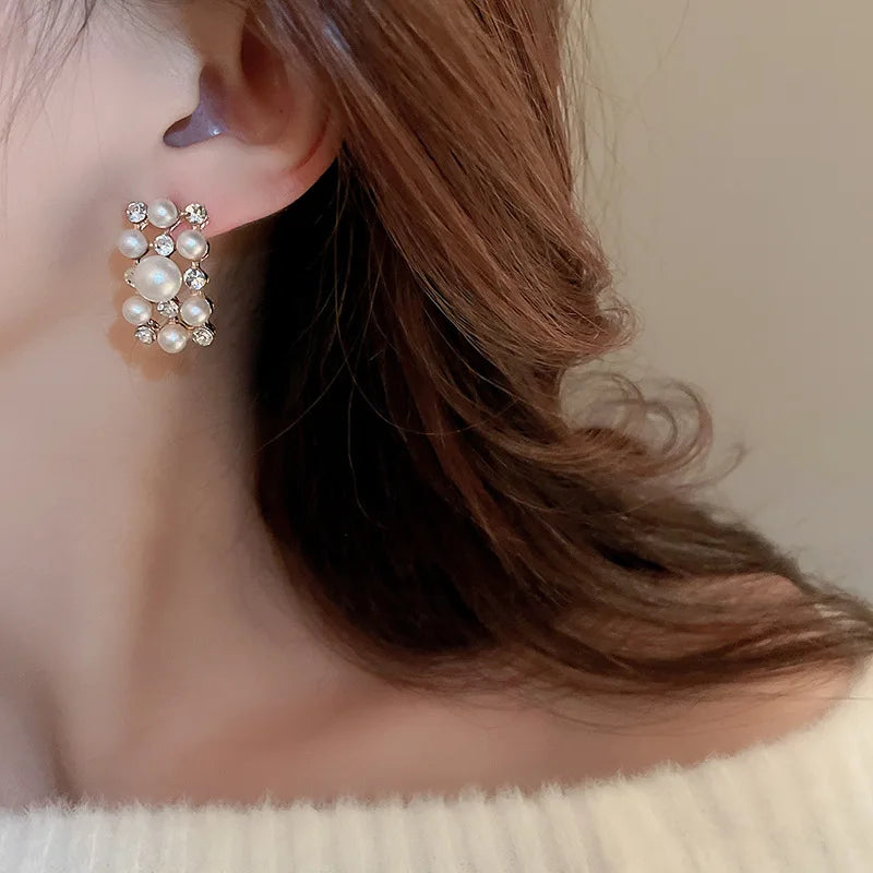 3 Pcs Rhinestone Pearl Rectangular Earrings Necklace Set Two-piece Vintage Choker Accessory Light Luxury Jewelry Sets Wedding