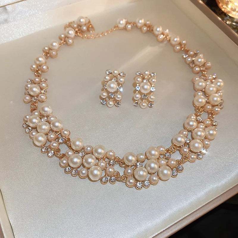 3 Pcs Rhinestone Pearl Rectangular Earrings Necklace Set Two-piece Vintage Choker Accessory Light Luxury Jewelry Sets Wedding