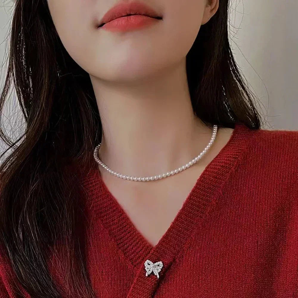 2025 Trend 4/6/8mm White Pearl Chokers Necklace Clavicle Chain For Women Classic Elegant Wedding Neck Jewelry Love Pendant Gift