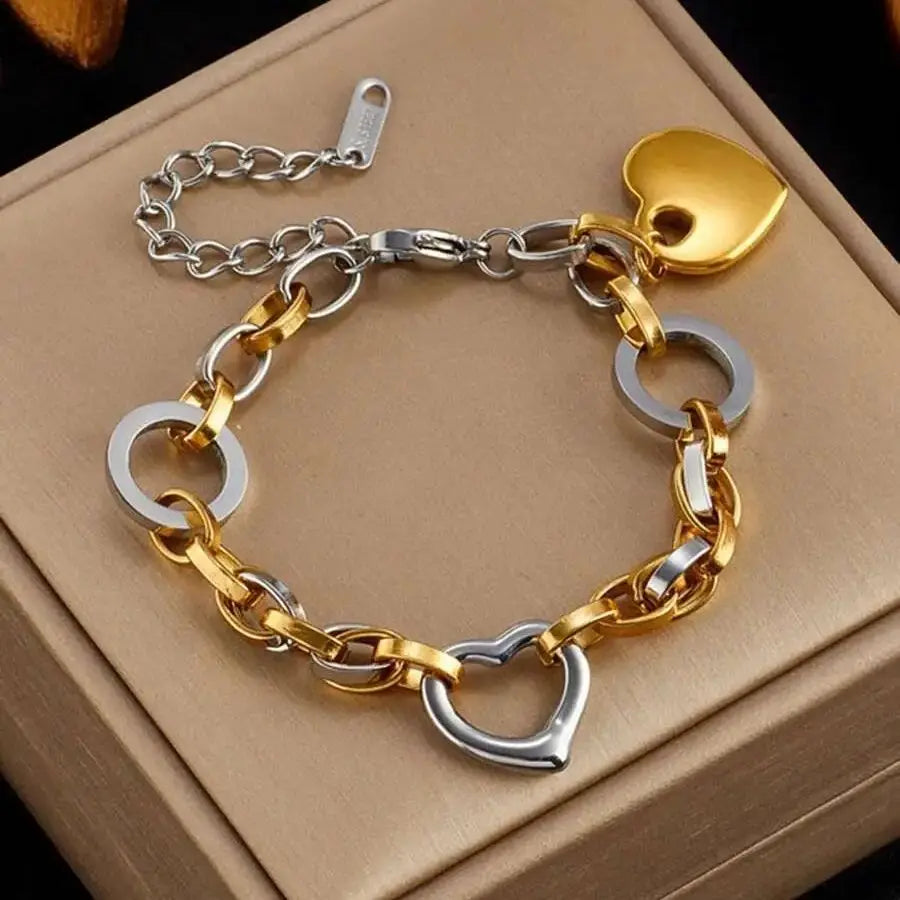 Doubel Layers Heart CHarm Bracelet Hollow Heart Round Double Color Bracelet Stylish Personality Simple Metal Braclet For Women